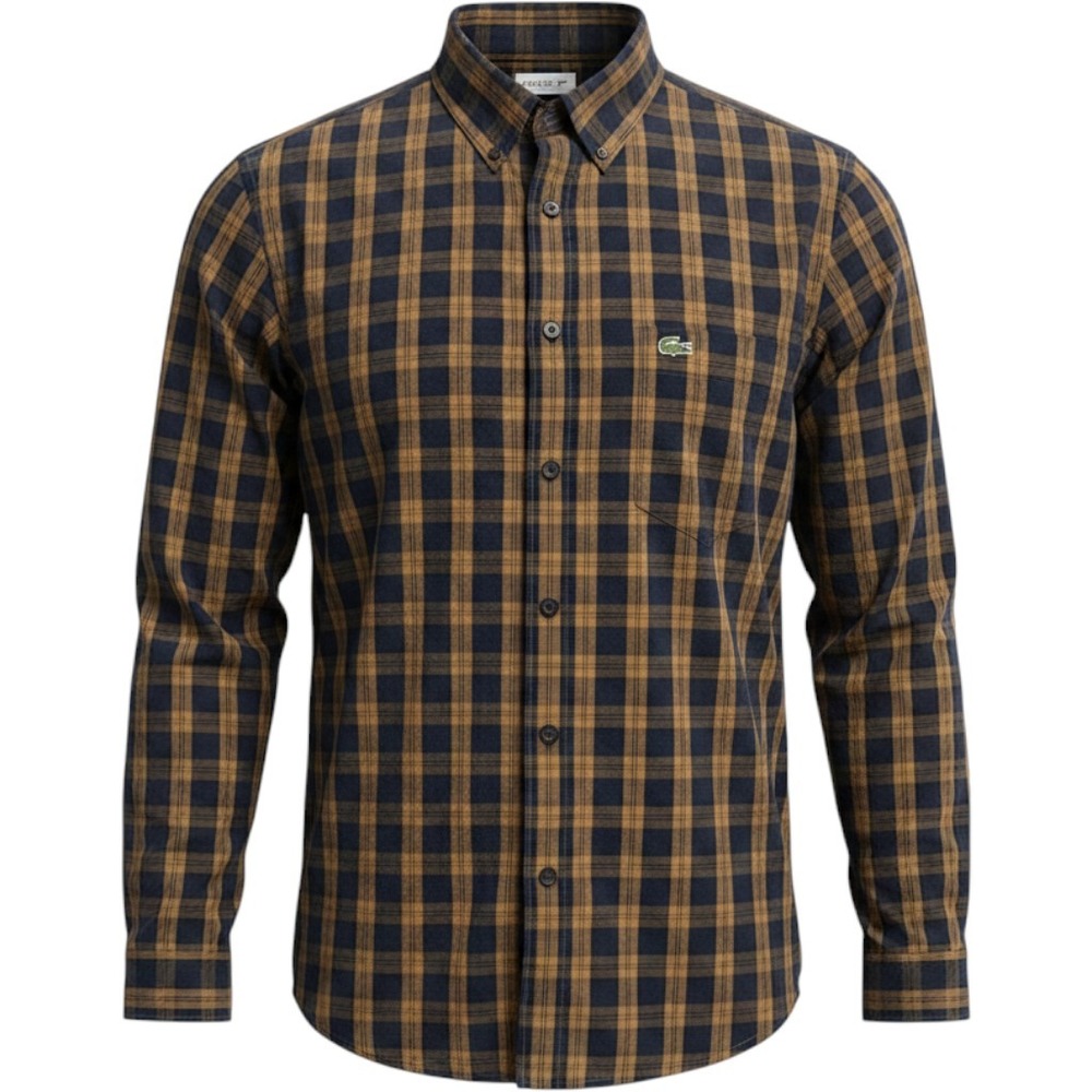 Lacoste Regular Fit Plaid Gold Tartan Plaid Button Up Shirt Men's XL